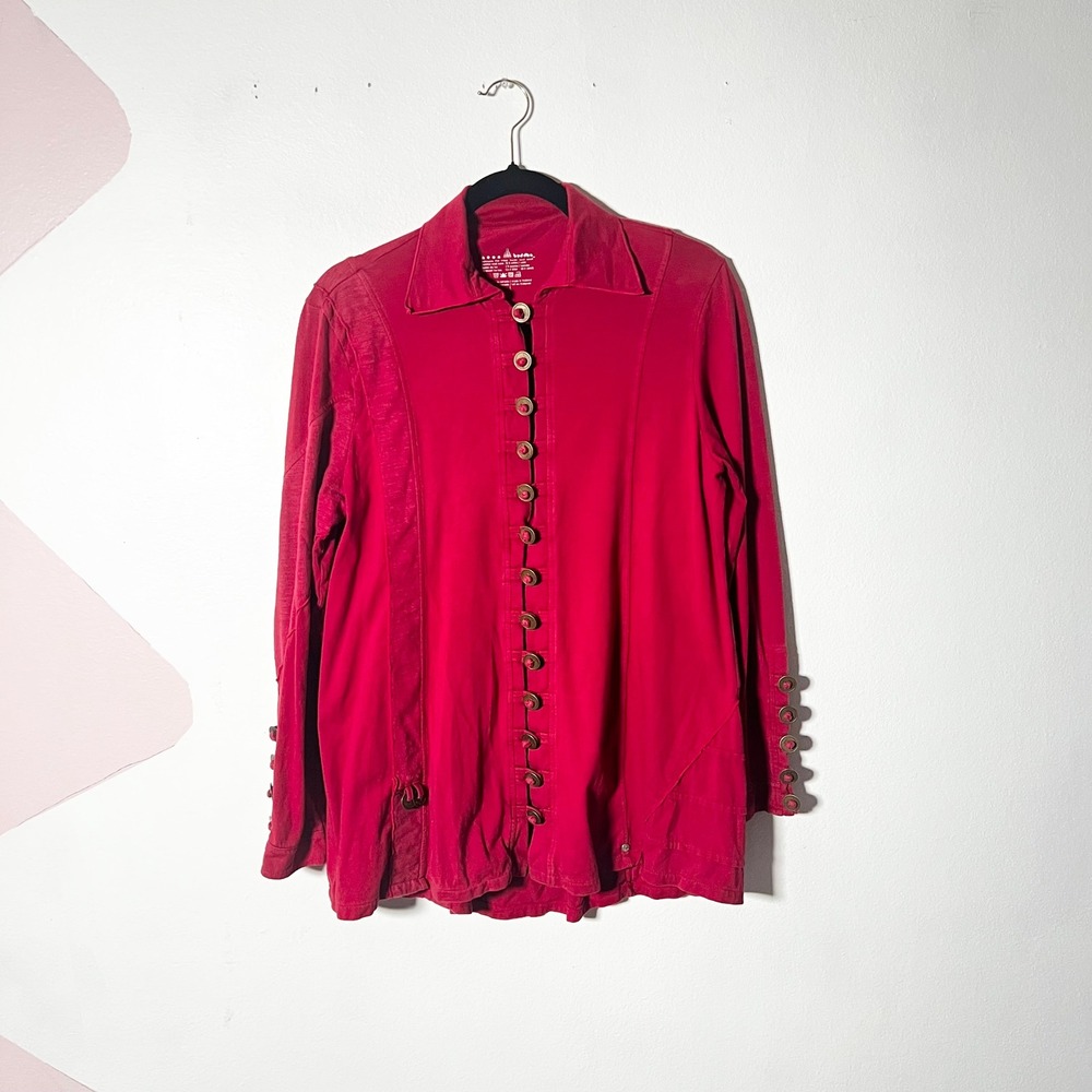 Neon Buddha Jacket Large Red Button Down Cotton Stretch Artsy